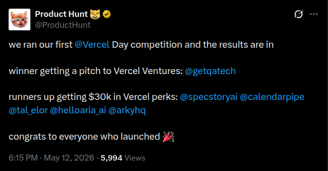 Tweet from @ProductHunt announcing QA.tech as Vercel Day winner